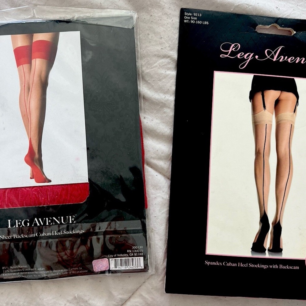 LOT OF 2 CUBAN HEEL STOCKINGS NEW FULL FASHION RED/BEIGE + BLACK/BEIGE One Size